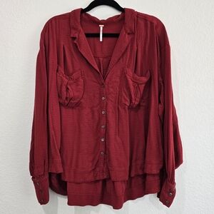 Free People Red Button Up Long Sleeve Blouse